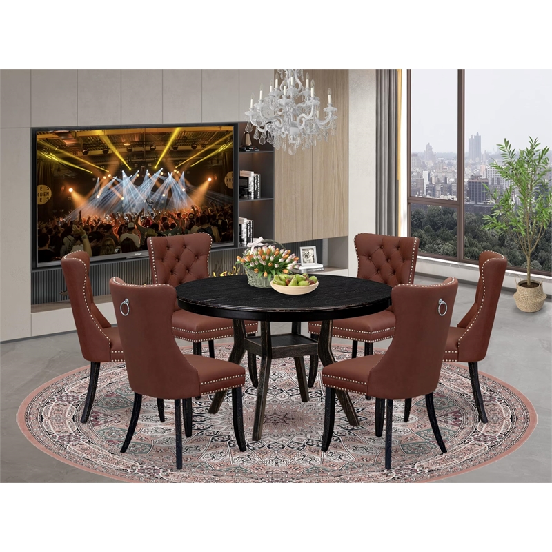 East West Furniture Ferris 7 Piece Round Kitchen Set in Black Finish