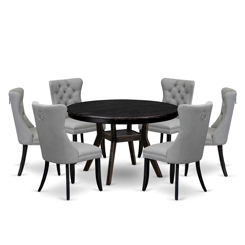 East West Furniture Ferris 7 Piece Round Dining Table Set in Black Finish