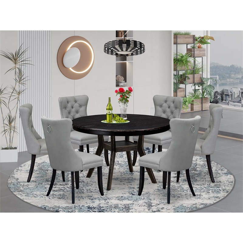 East West Furniture Ferris 7 Piece Round Dining Table Set in Black Finish