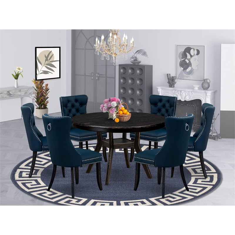 East West Furniture Ferris 7 Piece Round Dining Room Set in Black Finish