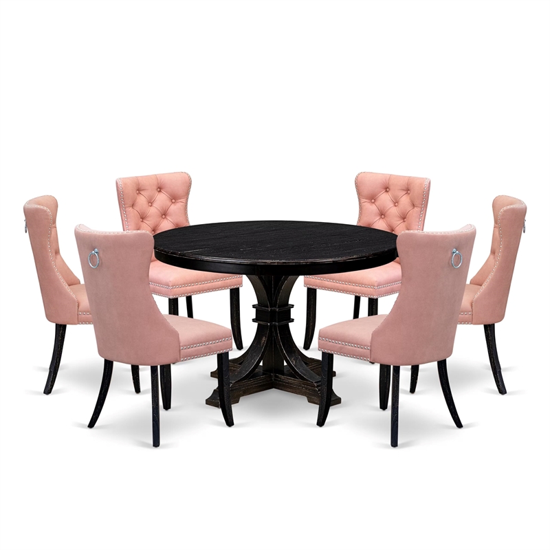 East West Furniture Ferris 7 Piece Round Dining Room Set in Black Finish