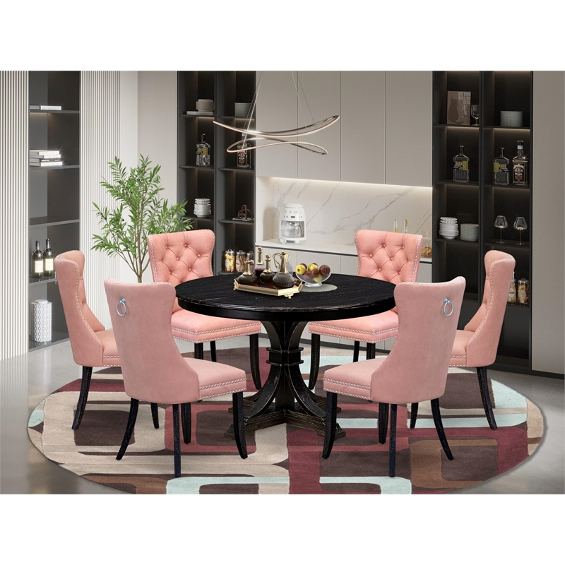 East West Furniture Ferris 7 Piece Round Dining Room Set in Black Finish