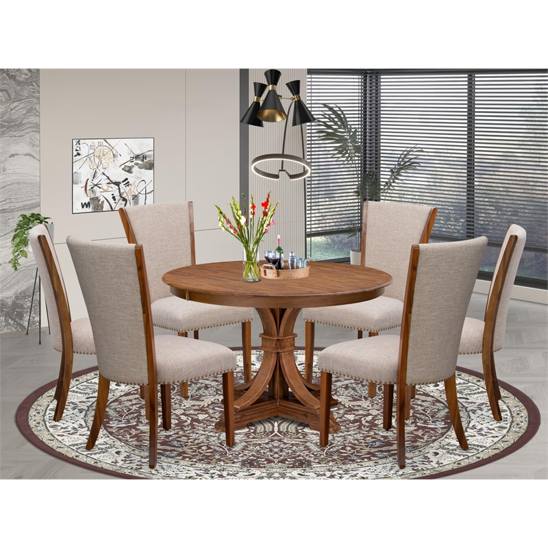 East West Furniture Ferris 7 Piece Round Kitchen Set in Walnut Finish