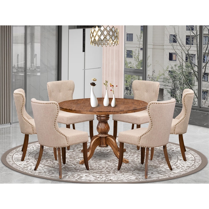 East West Furniture Irving 7 Piece Round Dining Set in Walnut Finish