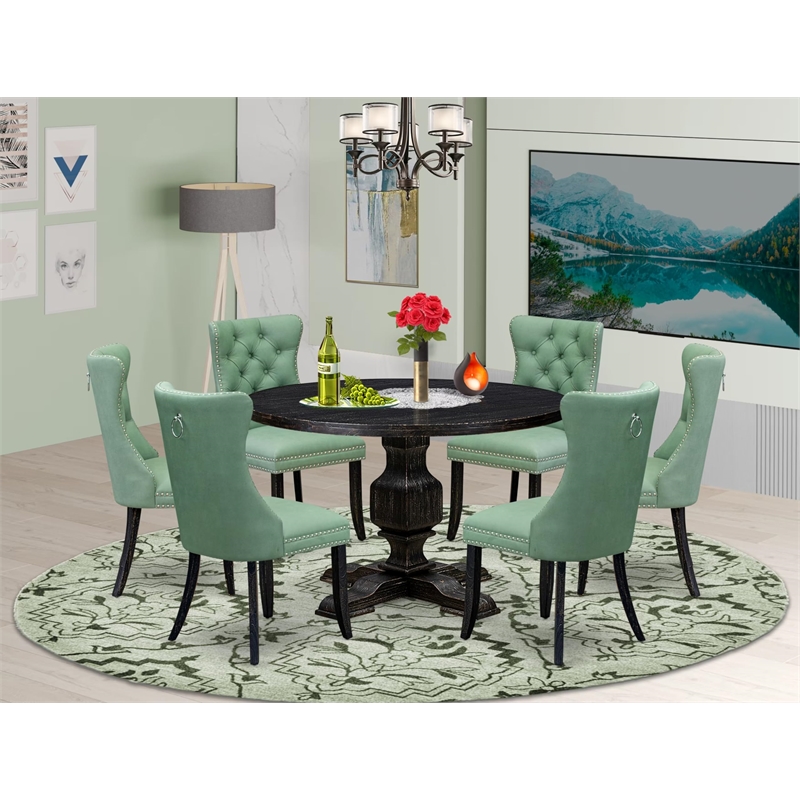 East West Furniture Irving 7 Piece Round Dining Table Set in Black Finish