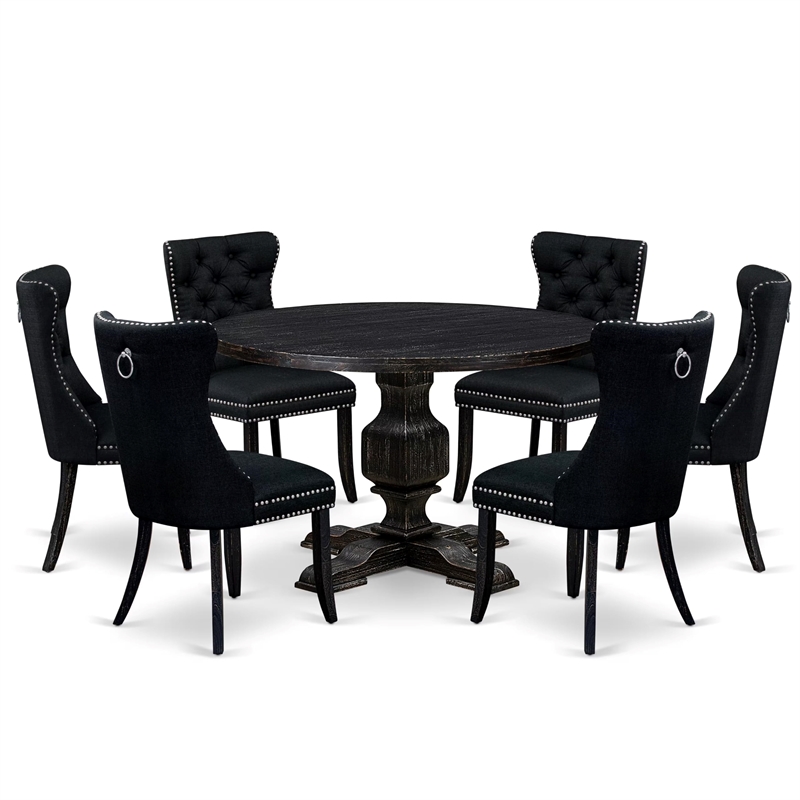 East West Furniture Irving 7 Piece Round Dining Table Set in Black Finish
