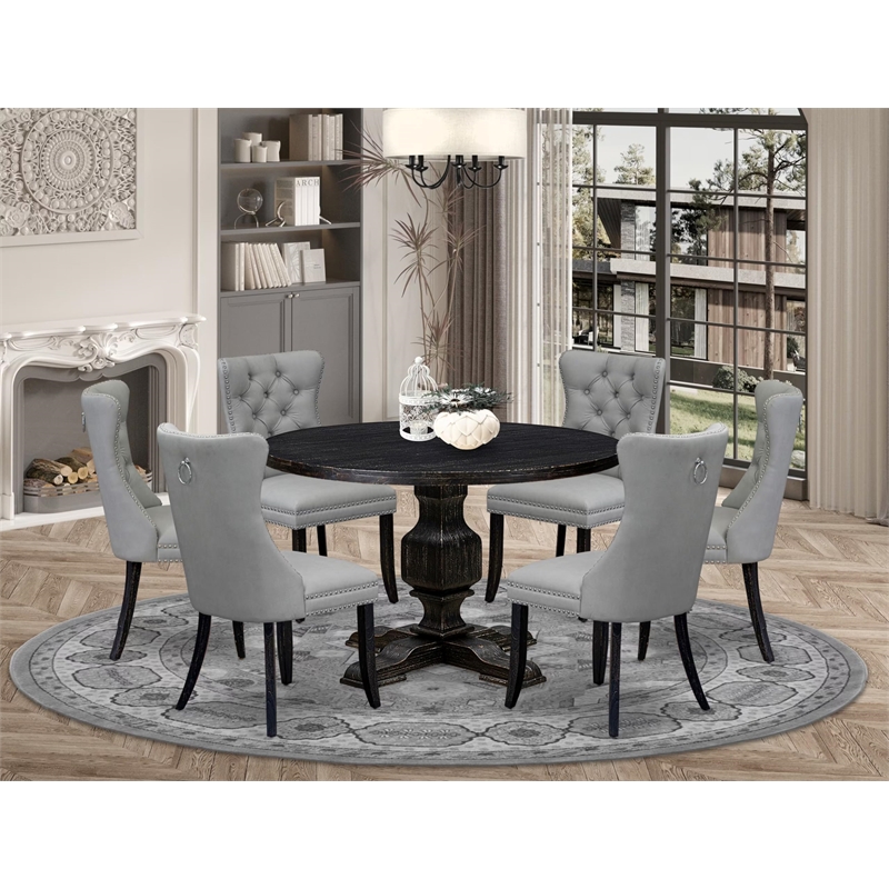 East West Furniture Irving 7 Piece Round Dining Room Set in Black Finish