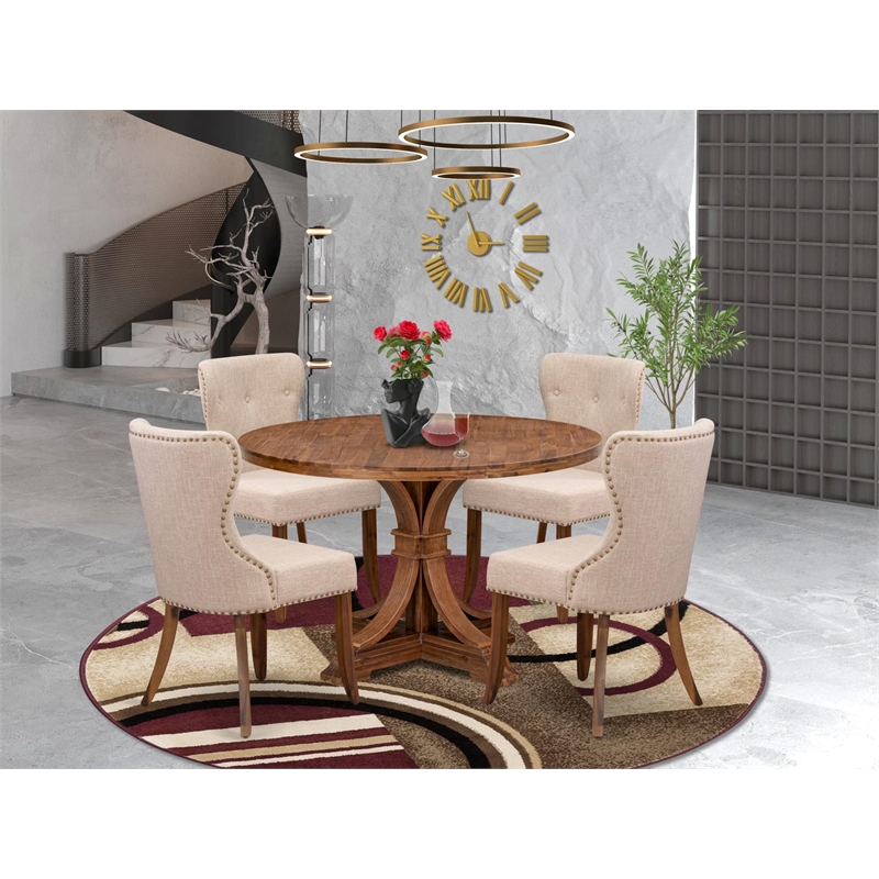 East West Furniture Irving 5 Piece Round Dining Table Set in Walnut Finish