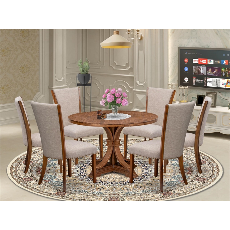East West Furniture Irving 7 Piece Round Dining Table Set in Walnut Finish