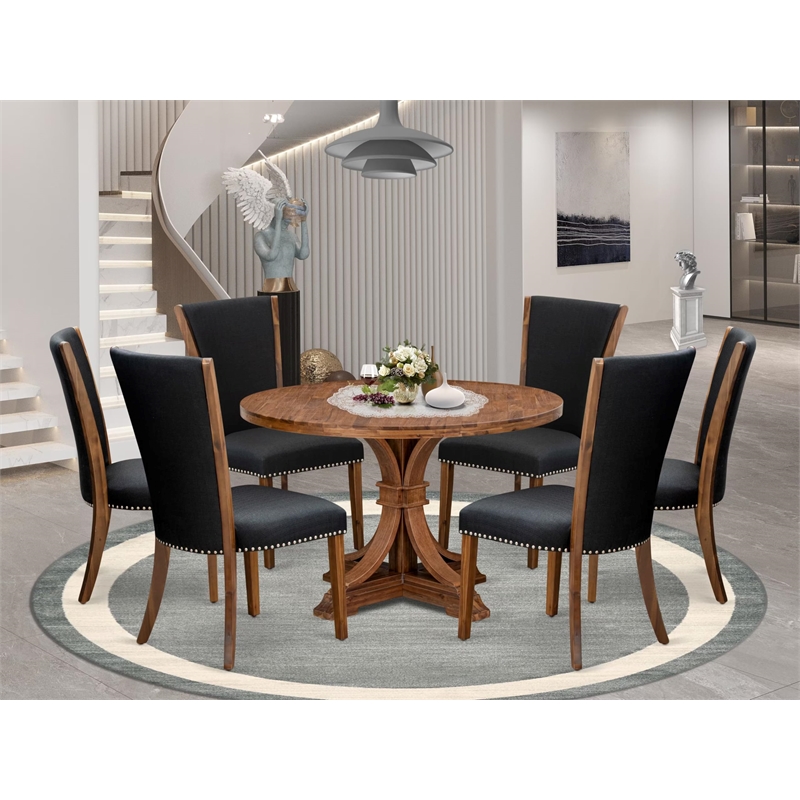 East West Furniture Irving 7 Piece Round Kitchen Table Set in Walnut Finish