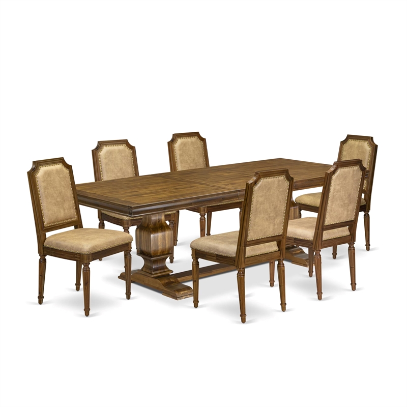East West Furniture Laneville 7-Piece Dining Table Set in Walnut Finish
