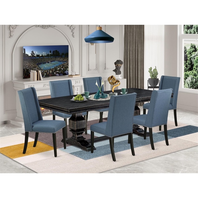 East West Furniture Laneville 7-Piece Dining Table Set in Black Finish