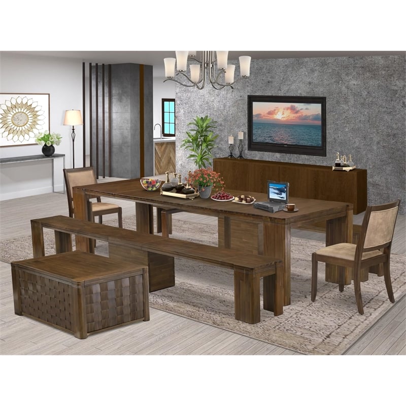 East West Furniture Xtenczar 6-Piece Extendable Dining Set in Walnut Finish