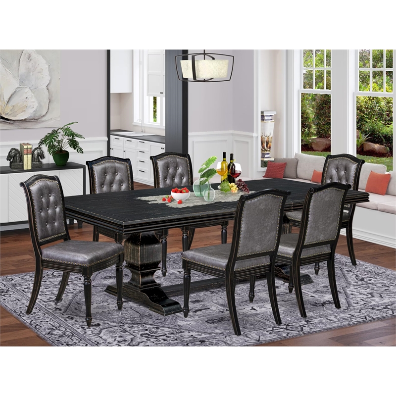 East West Furniture Northcliffe 7-Piece Mid Century Dining Table Set in Black
