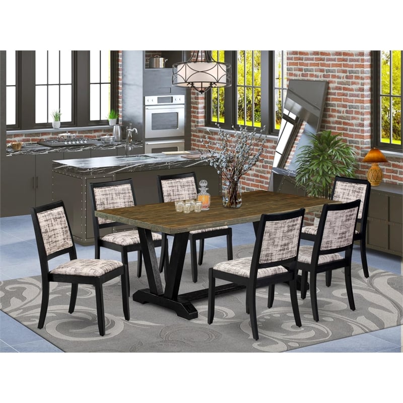 East West Furniture V-Style 7-Pc Modern Dining Table Set in Distressed Jacobean
