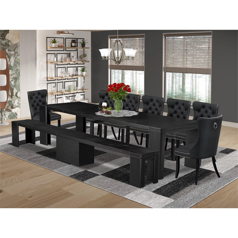East West Furniture Xtenczar 9 -Piece Dining Room Table Set in Black Finish