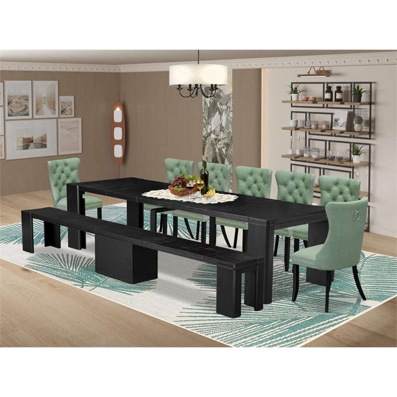 East West Furniture Xtenczar 9 -Piece Dining Room Table Set in Black Finish