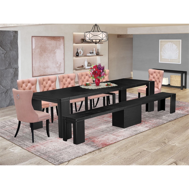 East West Furniture Xtenczar 9 -Piece Dining Room Table Set in Black Finish