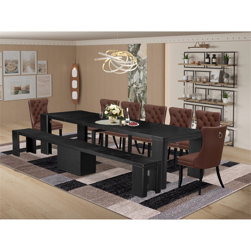 East West Furniture Xtenczar 9 -Piece Dining Room Table Set in Black Finish