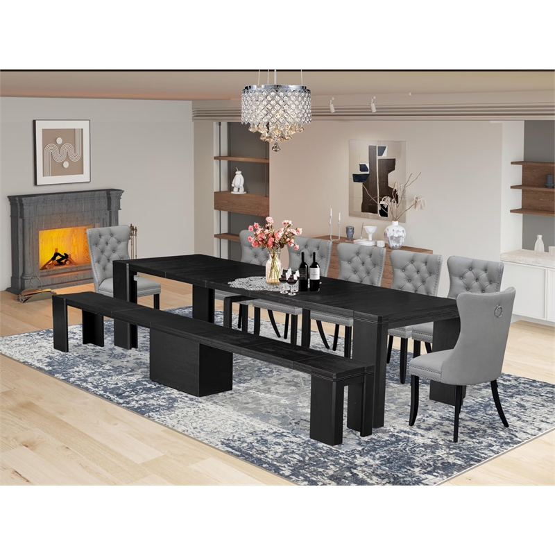 East West Furniture Xtenczar 9 -Piece Dining Room Table Set in Black Finish