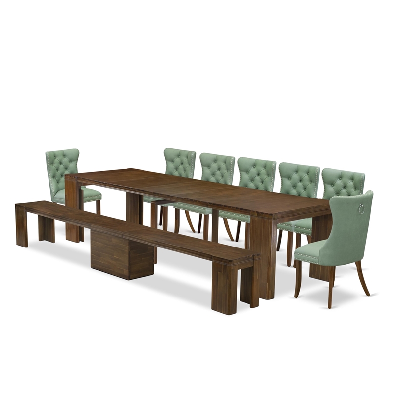 East West Furniture Xtenczar 9-Piece Extendable Dining Set in Walnut Finish