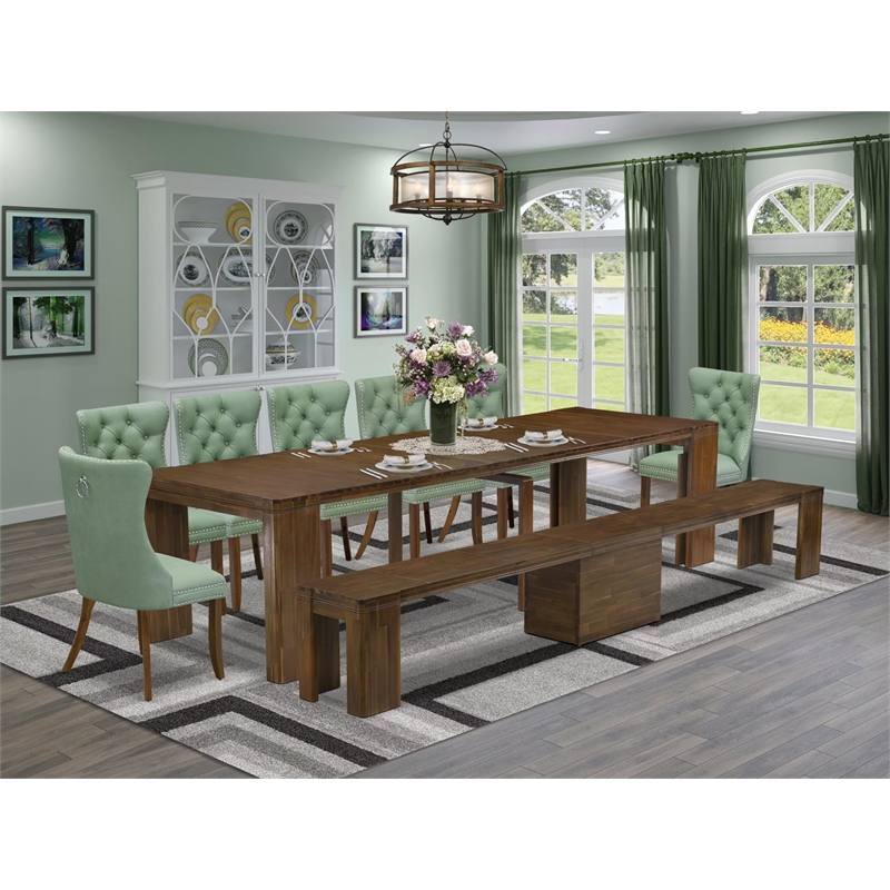 East West Furniture Xtenczar 9-Piece Extendable Dining Set in Walnut Finish