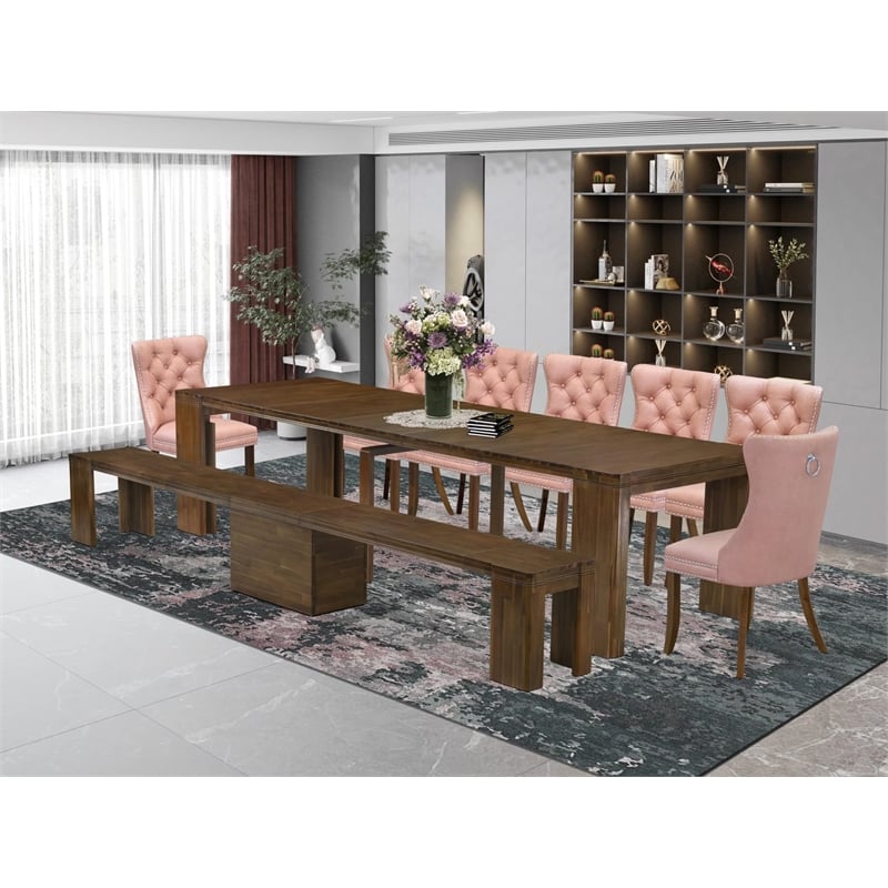 East West Furniture Xtenczar 9-Piece Extendable Dining Set in Walnut Finish