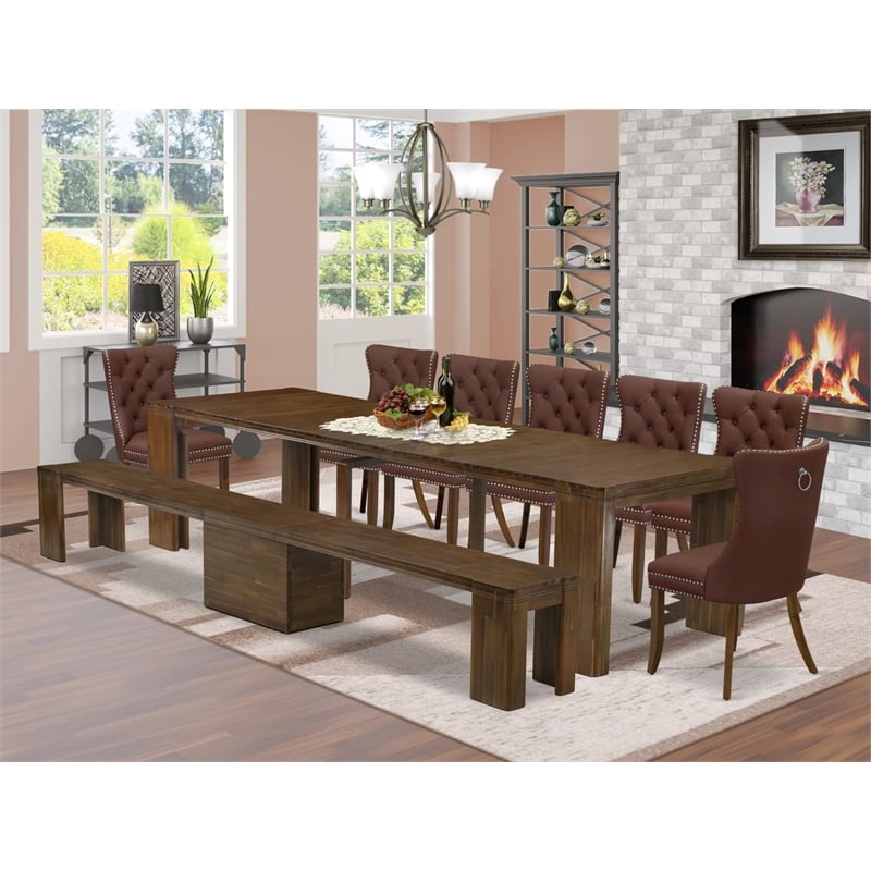 East West Furniture Xtenczar 9-Piece Extendable Dining Set in Walnut Finish