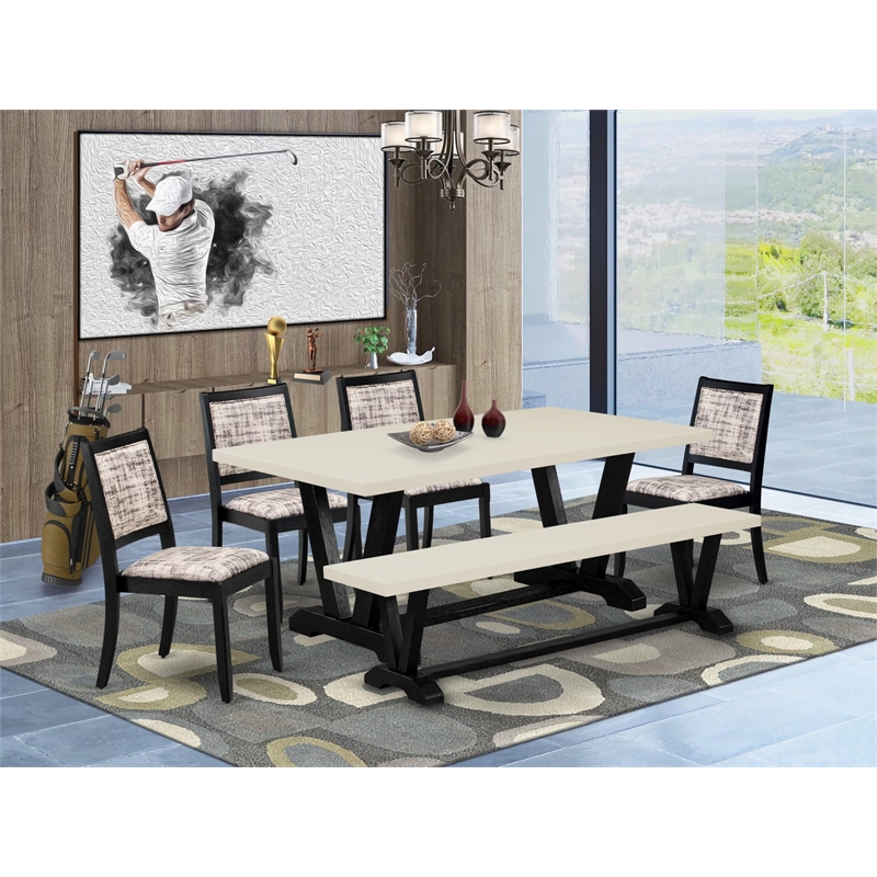 East West Furniture V-Style 6-Piece Kitchen Table Set in Linen White Finish