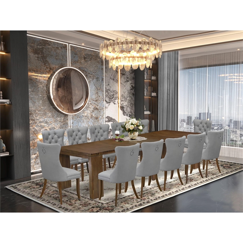 East West Furniture Xtenczar 13-Piece Extendable Dining Set in Walnut Finish