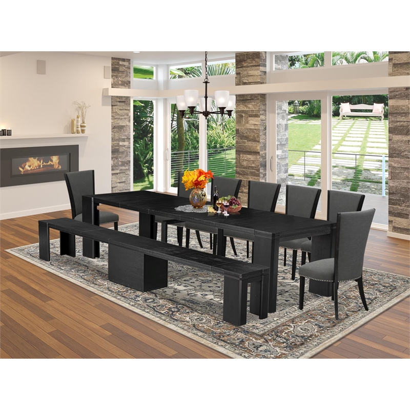 East West Furniture Xtenczar 9 -Piece Dining Room Table Set in Black Finish