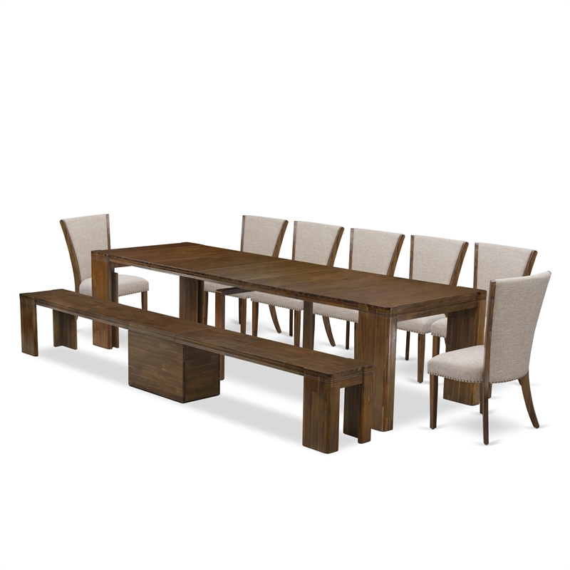 East West Furniture Xtenczar 9-Piece Extendable Dining Set in Walnut Finish