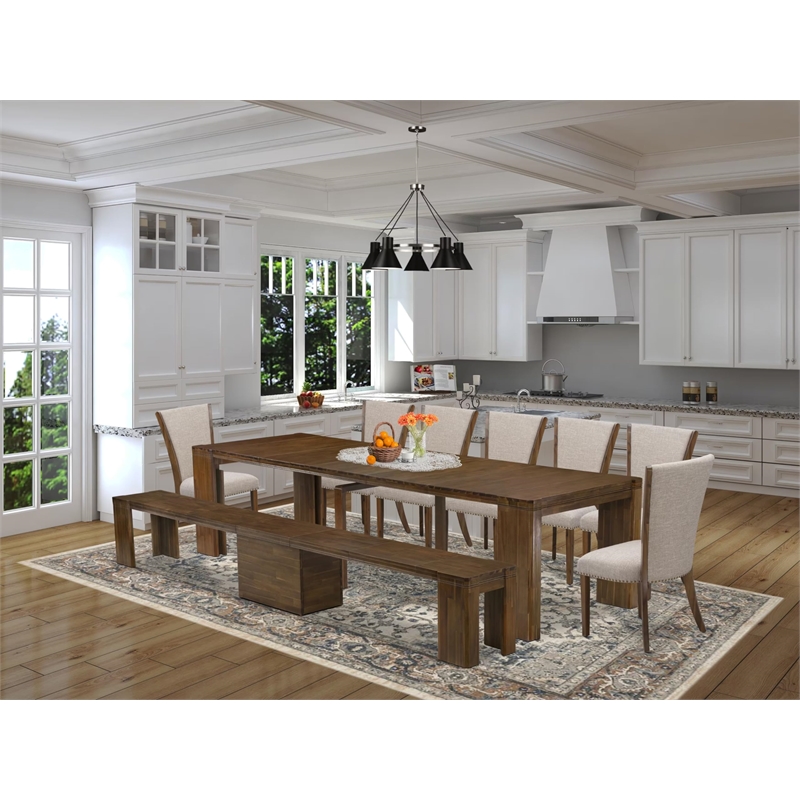 East West Furniture Xtenczar 9-Piece Extendable Dining Set in Walnut Finish