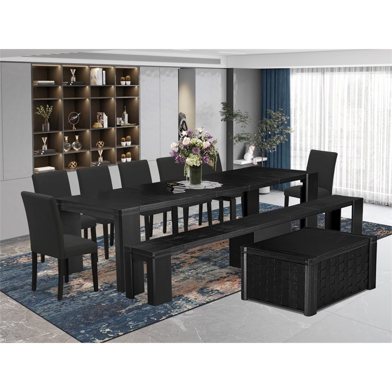East West Furniture Xtenczar 10 -Piece Dining Room Table Set in Black Finish