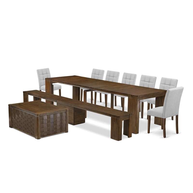 East West Furniture Xtenczar 10-Piece Extendable Dining Set in Walnut Finish