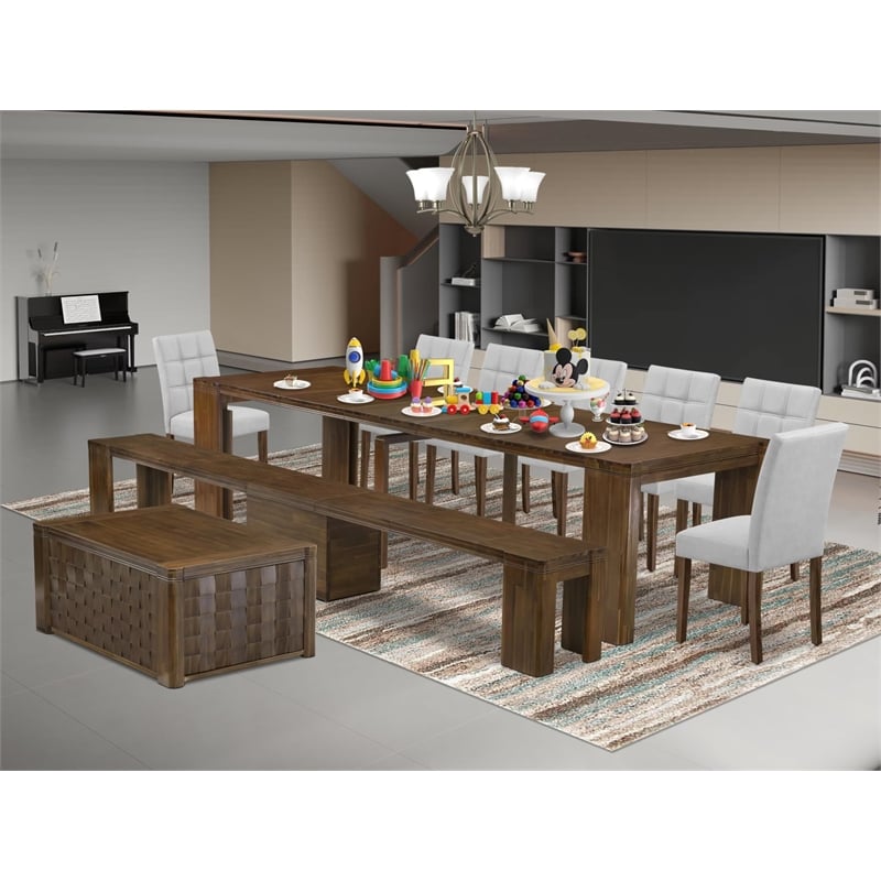 East West Furniture Xtenczar 10-Piece Extendable Dining Set in Walnut Finish