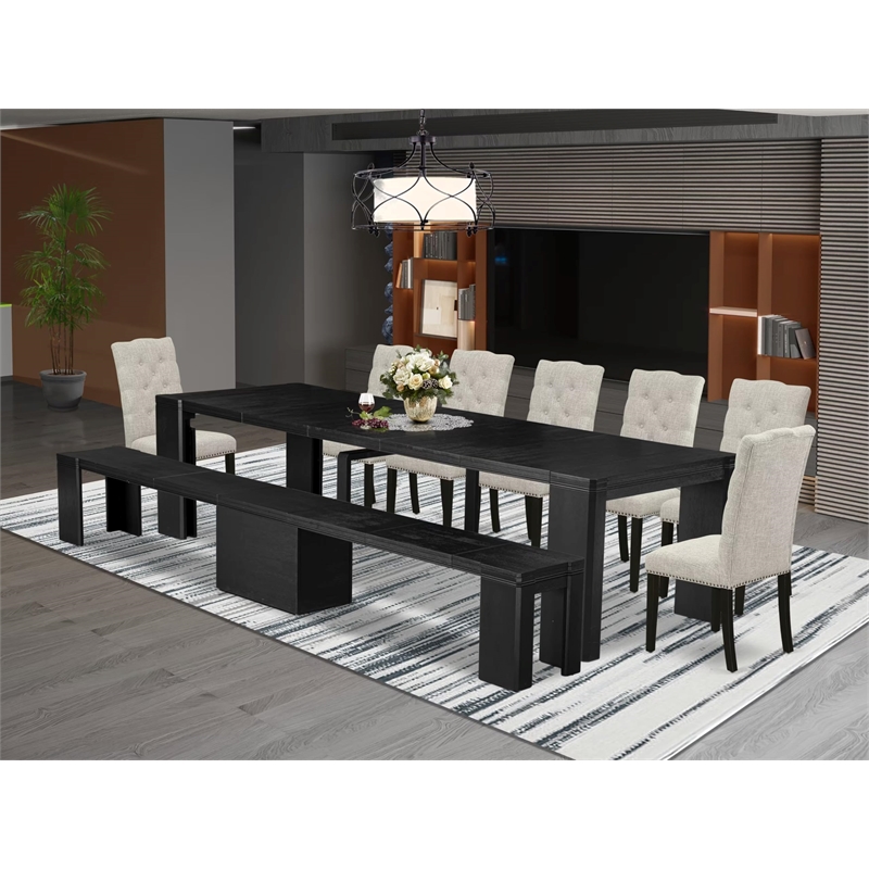 East West Furniture Xtenczar 9 -Piece Dining Room Table Set in Black Finish