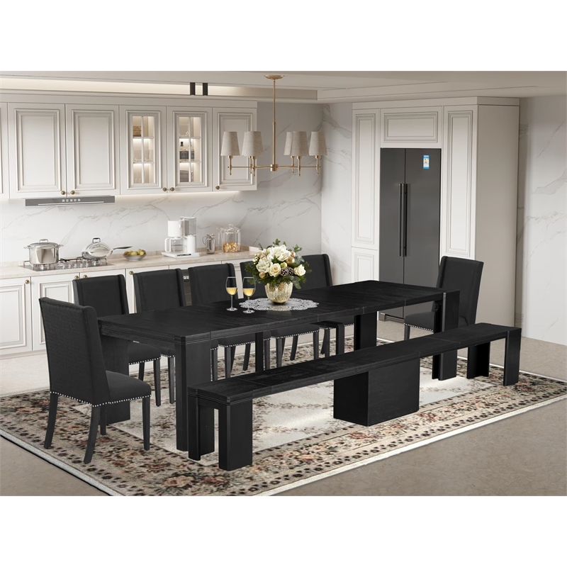 East West Furniture Xtenczar 9 -Piece Dining Room Table Set in Black Finish