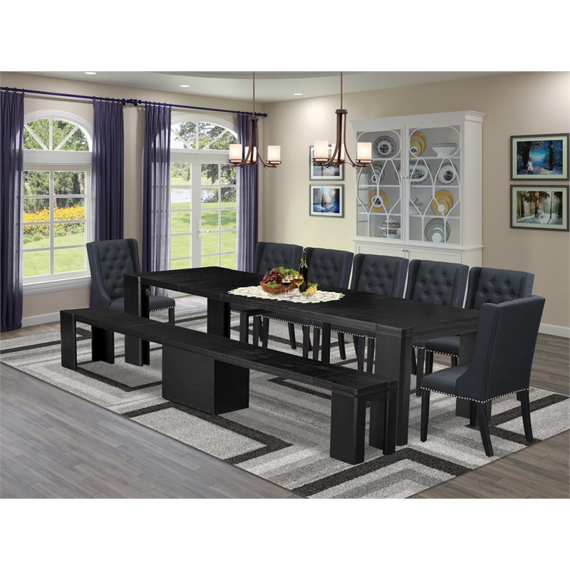 East West Furniture Xtenczar 9 -Piece Dining Room Table Set in Black Finish
