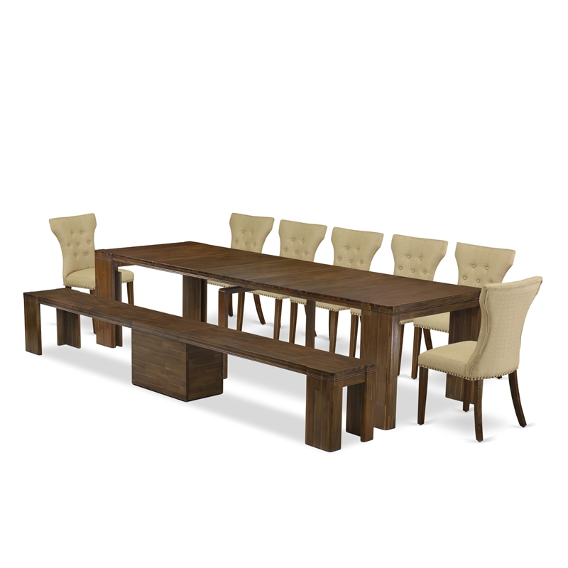 East West Furniture Xtenczar 9-Piece Extendable Dining Set in Walnut Finish