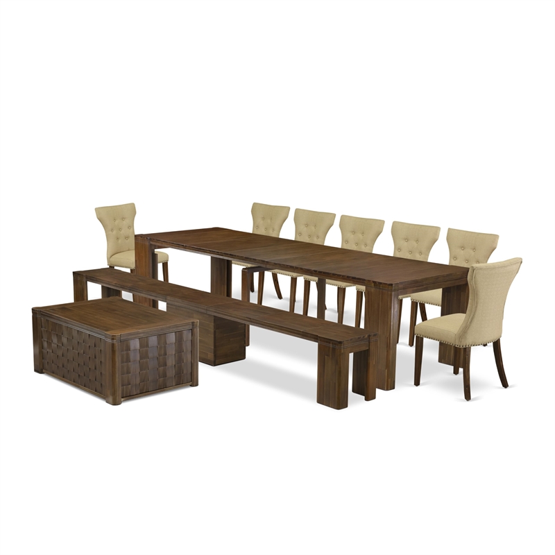 East West Furniture Xtenczar 10-Piece Extendable Dining Set in Walnut Finish
