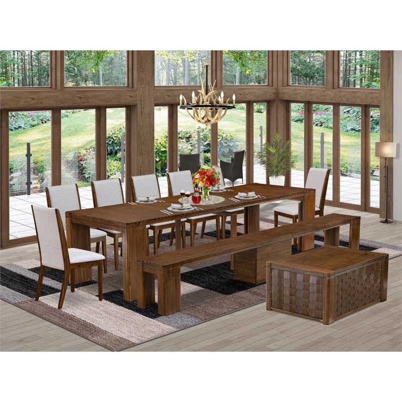 East West Furniture Xtenczar 10-Piece Extendable Dining Set in Walnut Finish