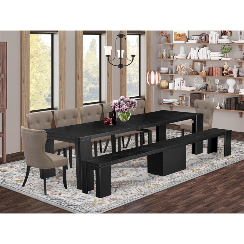 East West Furniture Xtenczar 9 -Piece Dining Room Table Set in Black Finish