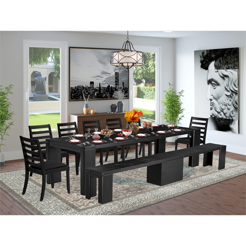 East West Furniture Xtenczar 9 -Piece Dining Room Table Set in Black Finish