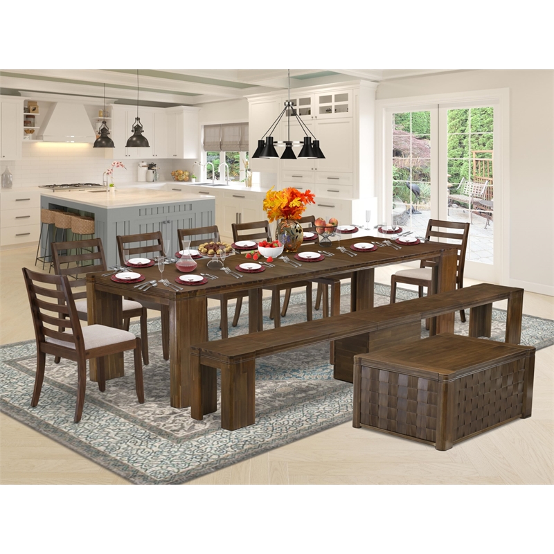 East West Furniture Xtenczar 10-Piece Extendable Dining Set in Walnut Finish