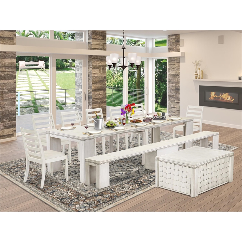 East West Furniture Xtenczar 10-Piece Extendable Dining Set in White Finish