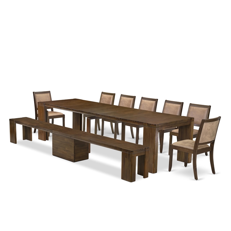 East West Furniture Xtenczar 9-Piece Extendable Dining Set in Walnut Finish