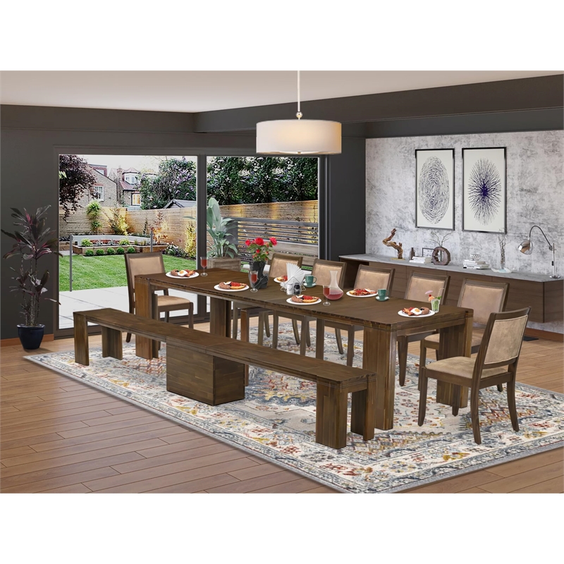 East West Furniture Xtenczar 9-Piece Extendable Dining Set in Walnut Finish