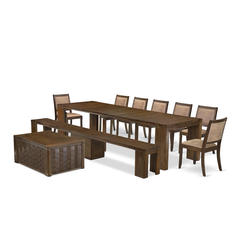 East West Furniture Xtenczar 10-Piece Extendable Dining Set in Walnut Finish