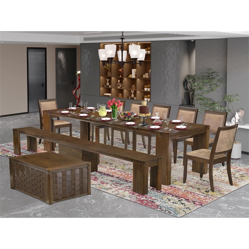 East West Furniture Xtenczar 10-Piece Extendable Dining Set in Walnut Finish